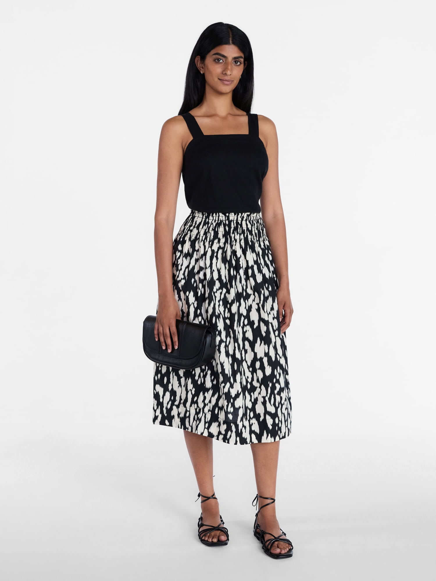 Time and Tru Women's Smocked Waist Cotton Midi Skirt, Sizes XS-XXXL