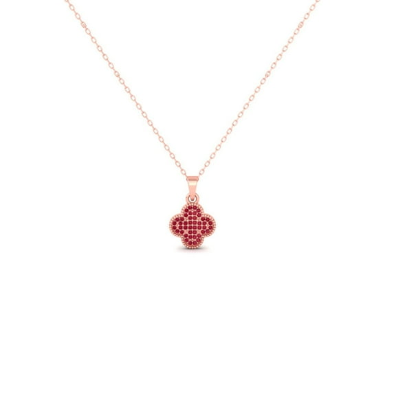 Pure Elegance Lucky Shamrock Ruby Four-Leaf Clover Pendant Necklace For Women 925 Sterling Silver 14K Rose Gold Over