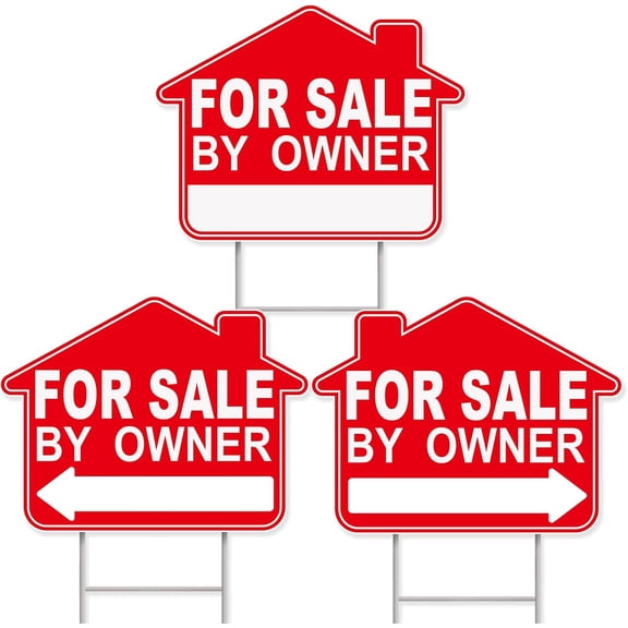 For Sale By Owner Yard Sign, 3-Pack 17"x13" Double-Sided Signs, Corrugated Plastic, H-Metal Stakes, Estate Sale Signs