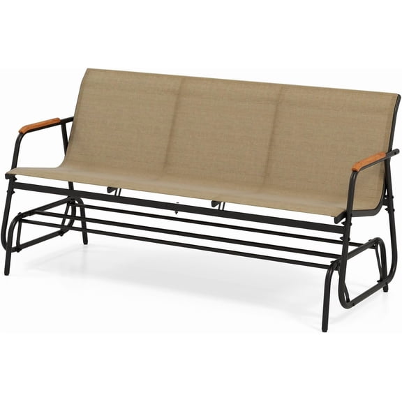 LDAILY Outdoor Glider, 2/3-Person Gliding Bench with Heavy-Duty Metal Frame & Teak Wood Armrests, Breathable Quick-Dry Fabric, 42.5"L x 45"W x 33"H Patio Glider for Poolside, Garden (29”x66.5”x33”)