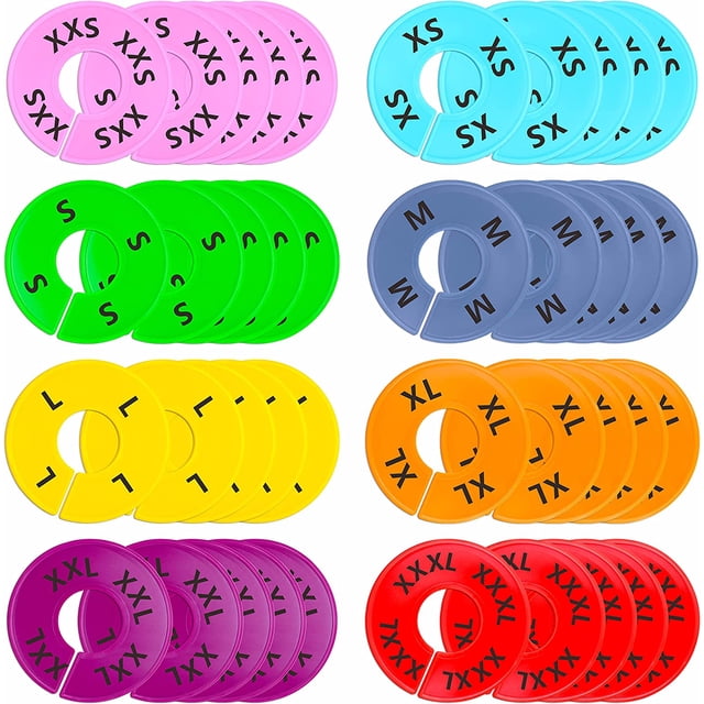 Juego de 40 separadores de armario redondos de plástico de colores en 8 colores (colores aleatorios), preimpresos en 8 tamaños XXS a XXXL.