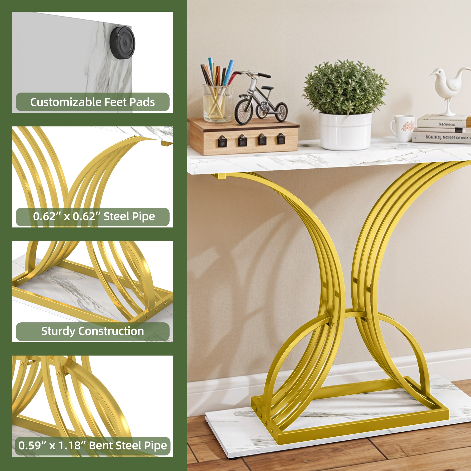 Uforic Luxury Console Entryway Table with Metal Base, Sofa Side Table, White & Gold