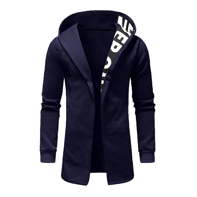 RXIRUCGD Men's Solid Color Design Zipper Pocket With Velvet Long Sleeved Hooded Casual Jacket, Navy, Size: XS