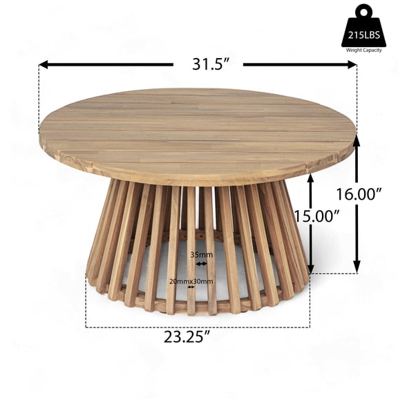 Light Teak Wood Patio Coffee Table for Outdoor Living Space, 31.5 Round