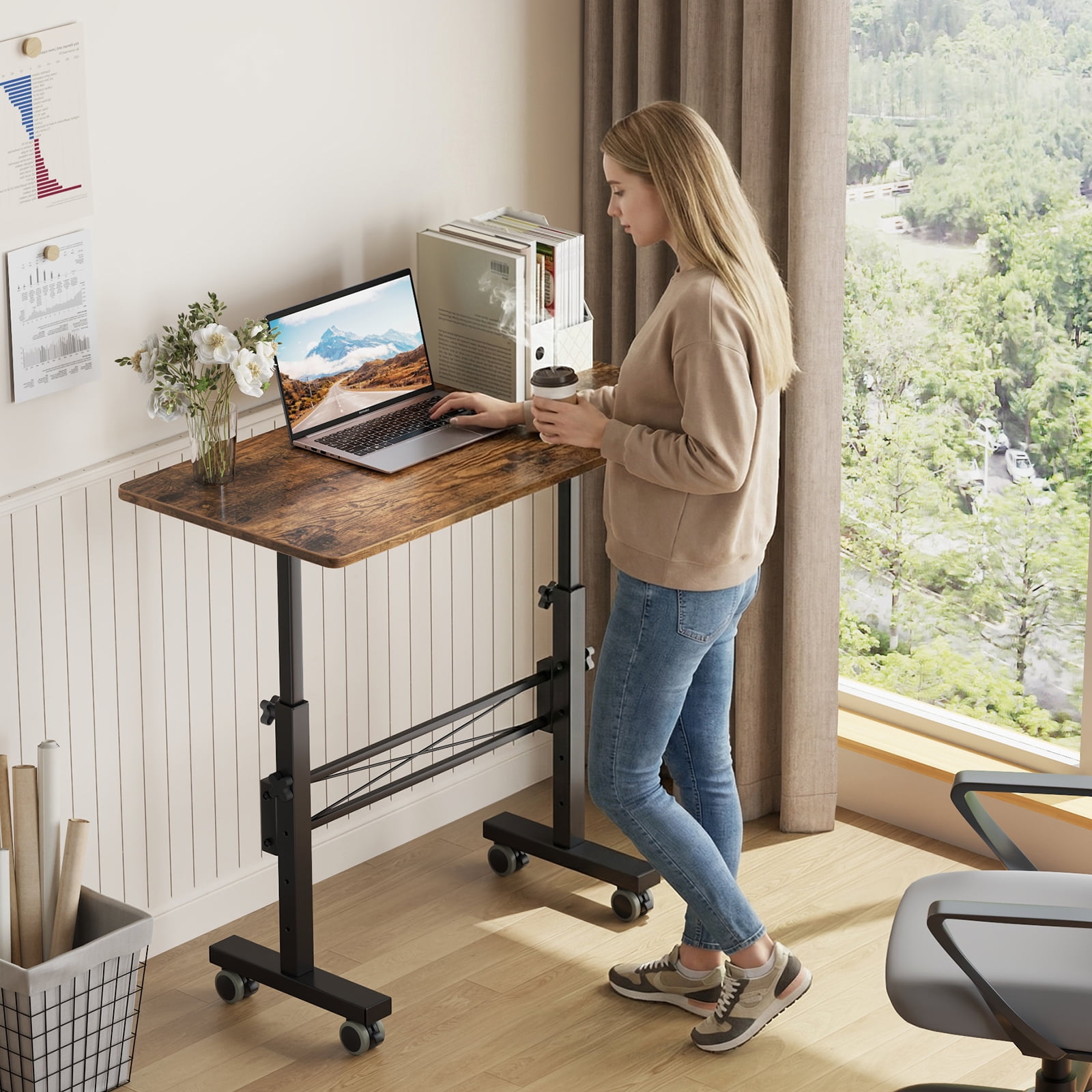 Flycity Standing Desk Adjustable Height, Mobile Stand Up Desks with Wheels, Small Laptop Desks, Portable Computer Rolling Desk for Home Office and Pad Treadmill, Height 26"-37.8", 15.7"D x 31.5"W