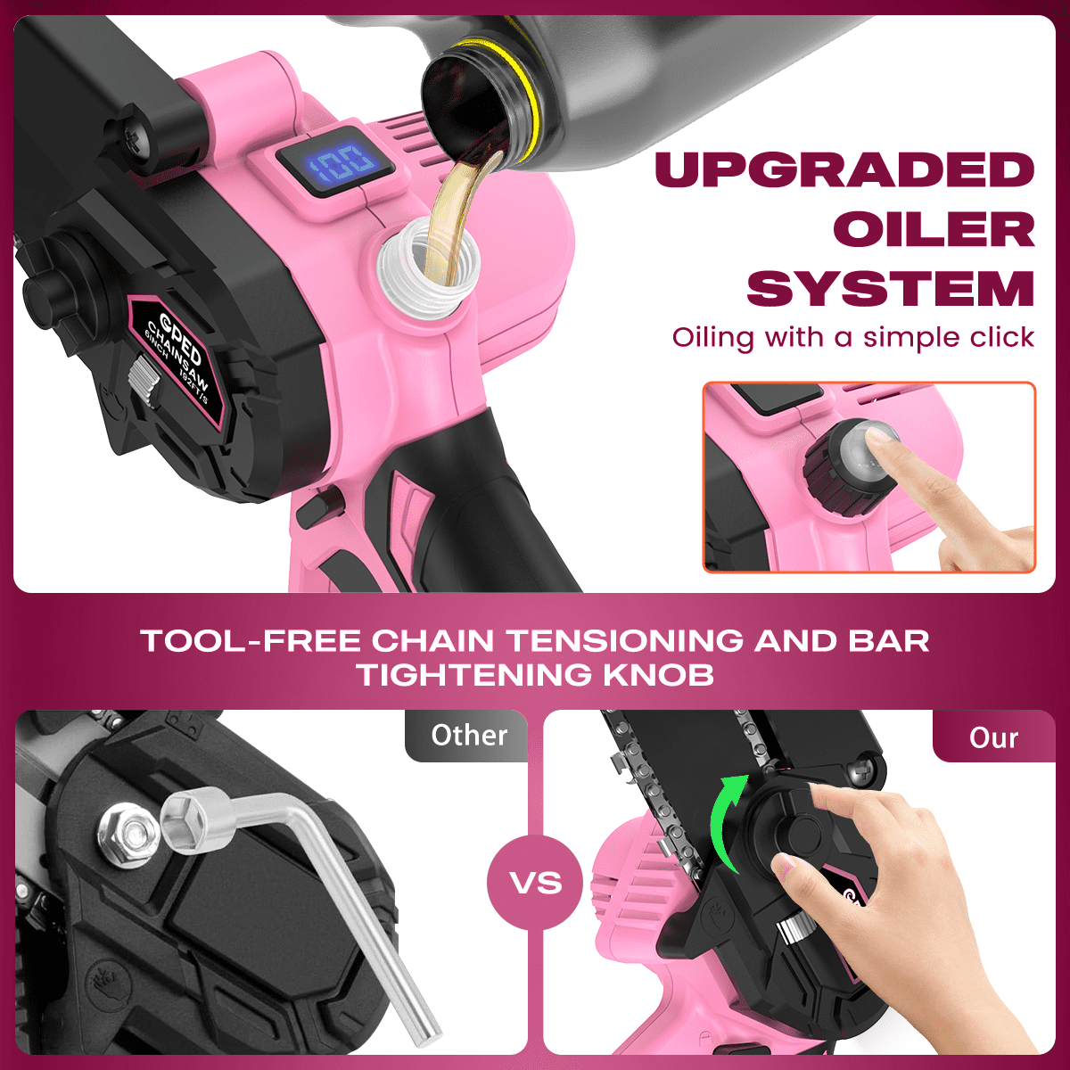 GPED Mini Chainsaw Cordless 6 inch with 2 Battery, Mini Power Chain Saw with Security Lock, Electric Chainsaw, Handheld Small Chainsaw for Tree Trimming Wood Cutting, Pink