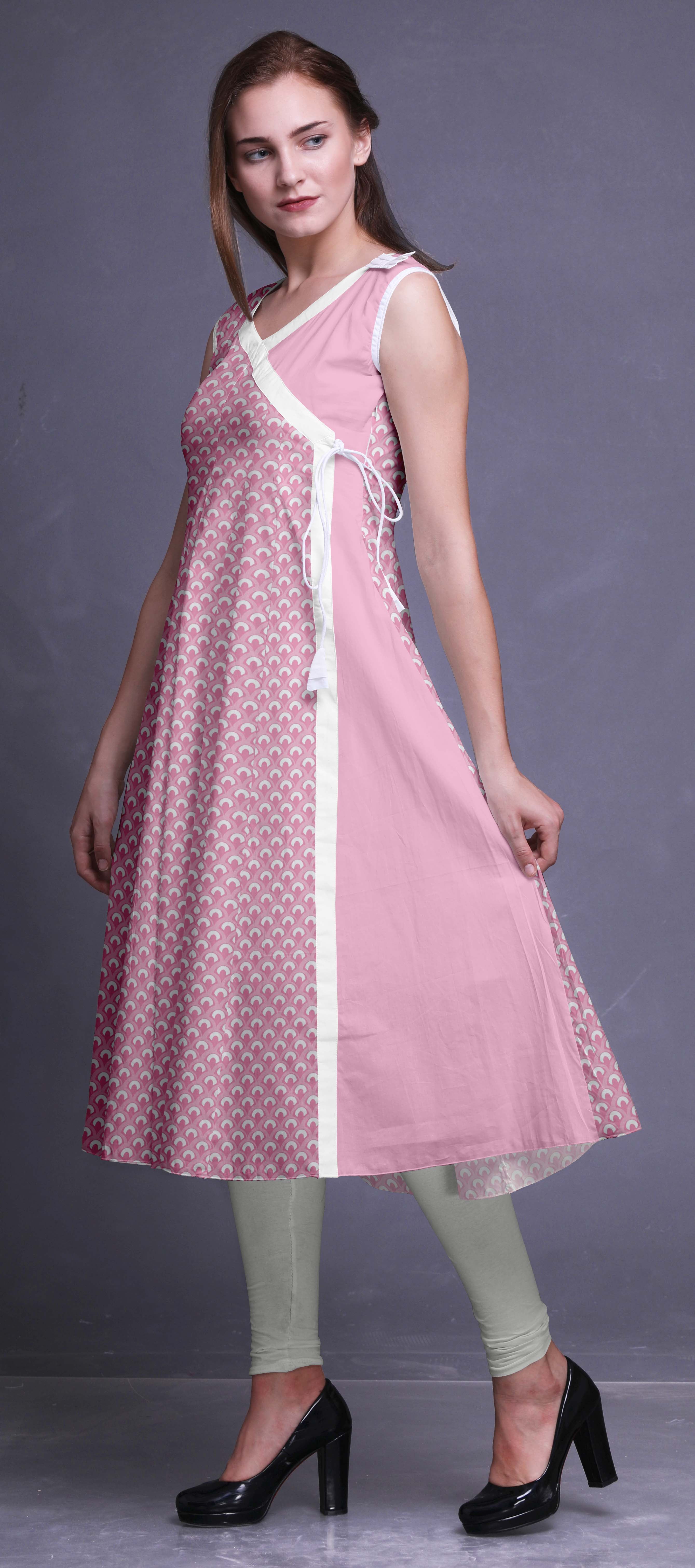 Details about   A-Line Women Dress Printed Cotton Kurta Beige & Pink Angrakha Dress Knee Length 