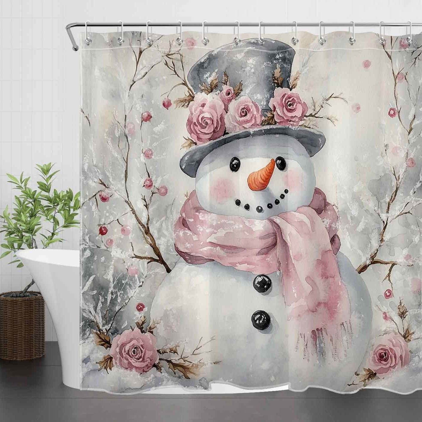 NEONWE Pink Christmas Snowman Shower Curtain Watercolor Flower Winter Forest Rustic Holiday Art Bathroom Shower Curtain Home Decor Polyester Waterproof Fabric with 12 Pack Plastic Hook 72" X 72"