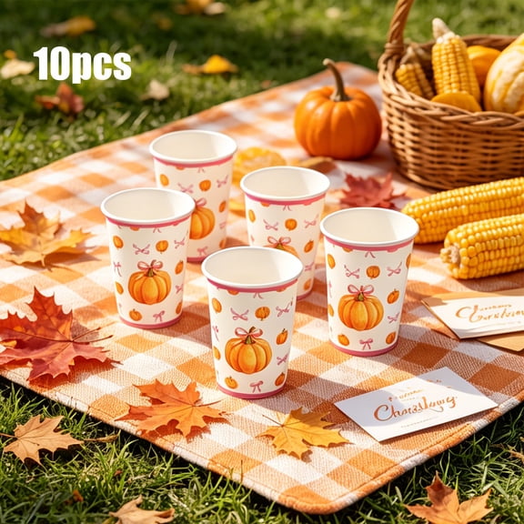 Tuvgenk Fall Pumpkin Paper Cups 10-Pack Thanksgiving Bow Design Disposable Drink Cups for Parties