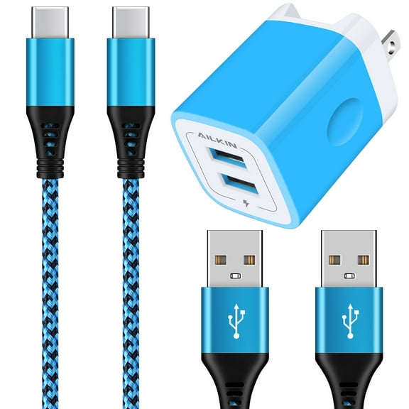Type C Charger Block with Foldable Plug,AILKIN 2.4A Dual USB Wall Charger Block with 2PACK Android Type C Usb C Charging Cables 6ft USB Fast Charging Type C Charger Block