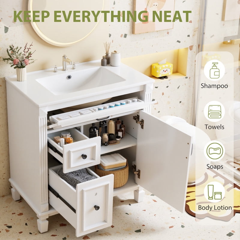 Gianna 30" Bathroom Vanity with Sink, Bathroom Storage Vanity Sink with 1 Door&3 Drawers,Free Standing Bathroom Cabinet with Sink, Easy Assembly, NO Mirror Faucet (White)