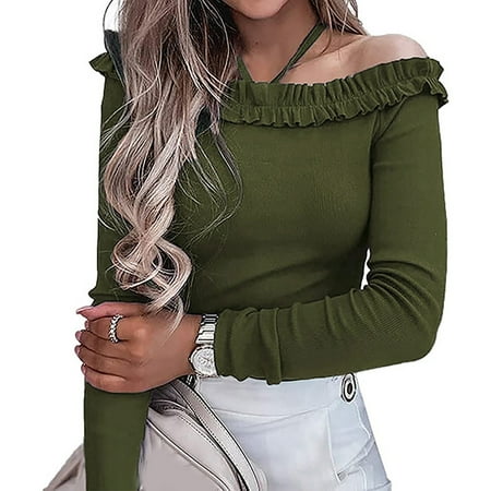 

Zedker Womens Fall Tops Long Sleeve Womens Solid Color Long Sleeve Tshirt Off Shoulder Halter Off Shoulder Slim Blouse