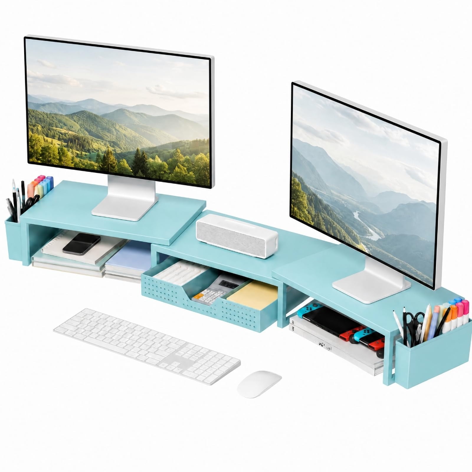 Desk Organizers and Accessories Dual Monitor Stand Riser with Drawer and 2 Pen Holders Desk Shelf Computer Racks & Printer Stand for Office Workspace Organizers Desktop Organization