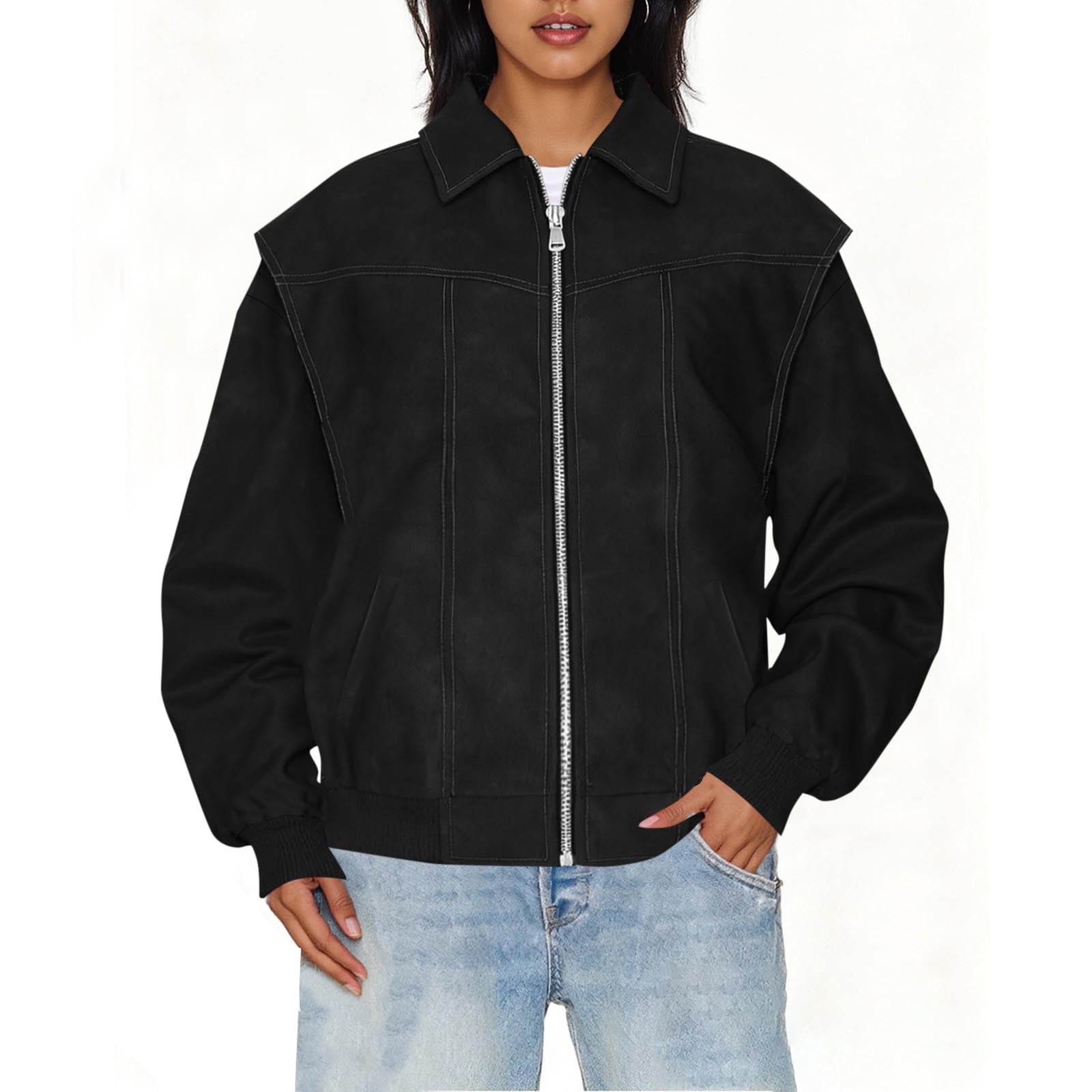 IROINNID Women's Faux Leather Jacket Long Sleeve Front Zip Pocket Biker Moto Jacket