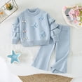 thumbnail image 3 of Huowey Toddler Girls Outfits Fall Clothes Long Sleeve Ruffles Sweatshirt+Pants 2 PC Set Loose Fit Bow Solid Color Winter School Outdoor Casual Everyday Wear Cozy Outfit,Light Blue,3-4 Years, 3 of 3