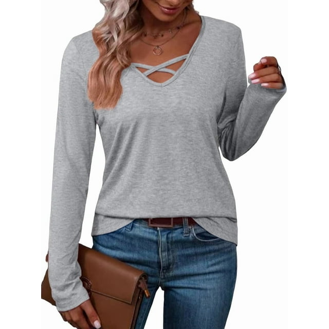 T-Shirt Blouse Décontracté pour Femmes à Manches Longues, Col en V, Mode, Confortable, Extensible, Couleur Unie, Gris Pâle, S
