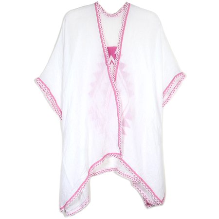 Mirmaru Womens Summer Aztec Pattern Resort Wear Neon Color Kimono Style Beach Cover Up With Lace