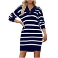 thumbnail image 2 of Womens Long Sleeve Fall Dresses Ladies New V-neck Long Sleeve Sweater Striped Loose Casual Knitted Dress,Blue,M, 2 of 6
