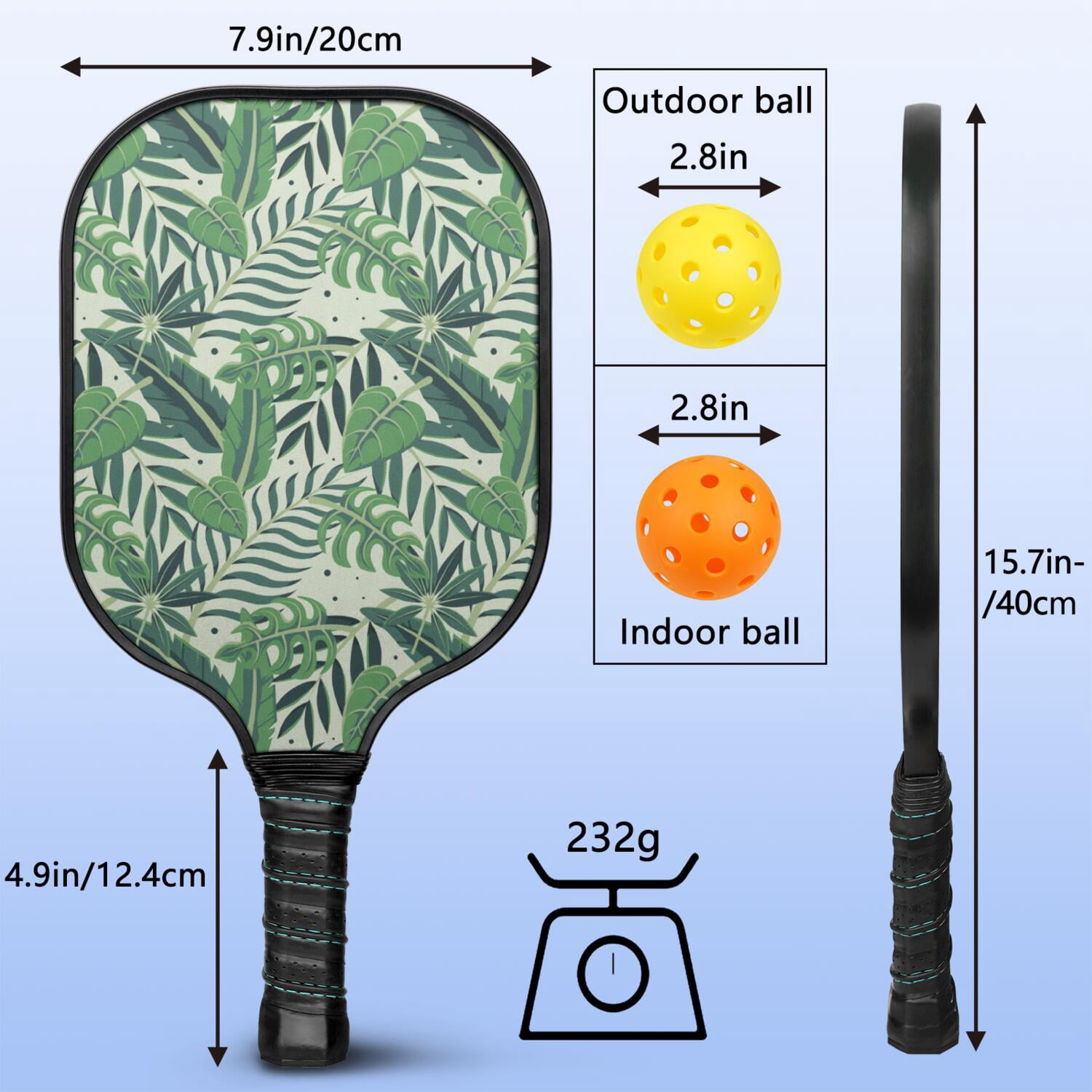 Pickleball Paddles Set Of 1, Fiberglass Surface, Tropical Leaf Print, 1 Paddle, 2 Balls & Bag