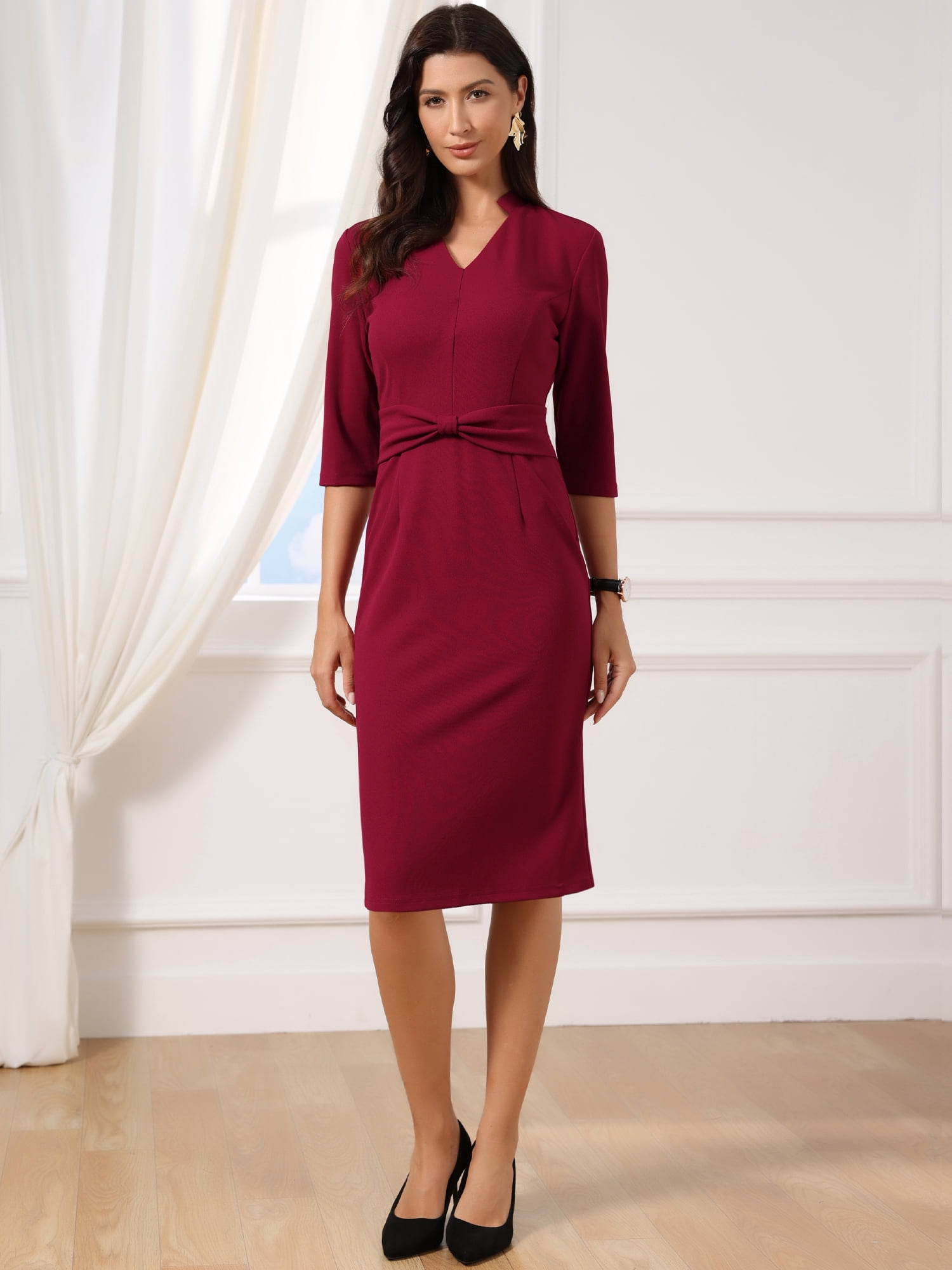 DARING DIVA Women's Work Dresses 3/4 Sleeve V Neck Bodycon Sheath Dress L Wine Red
