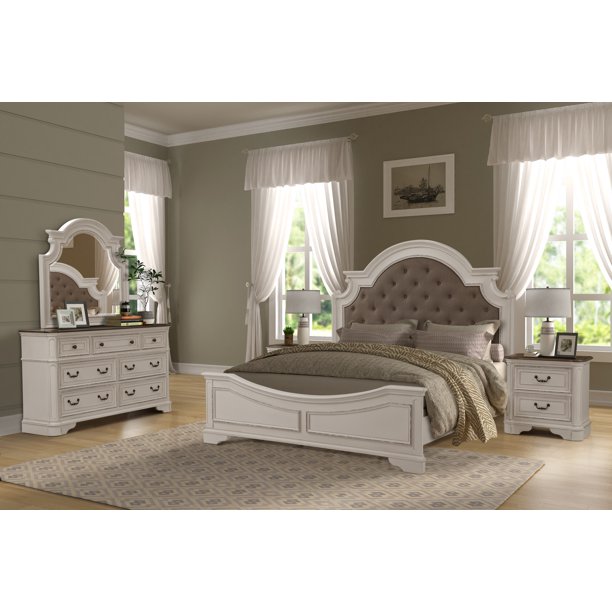 Laval Wood Bedroom Set, Upholstered King Bed, Dresser, Mirror, 2
