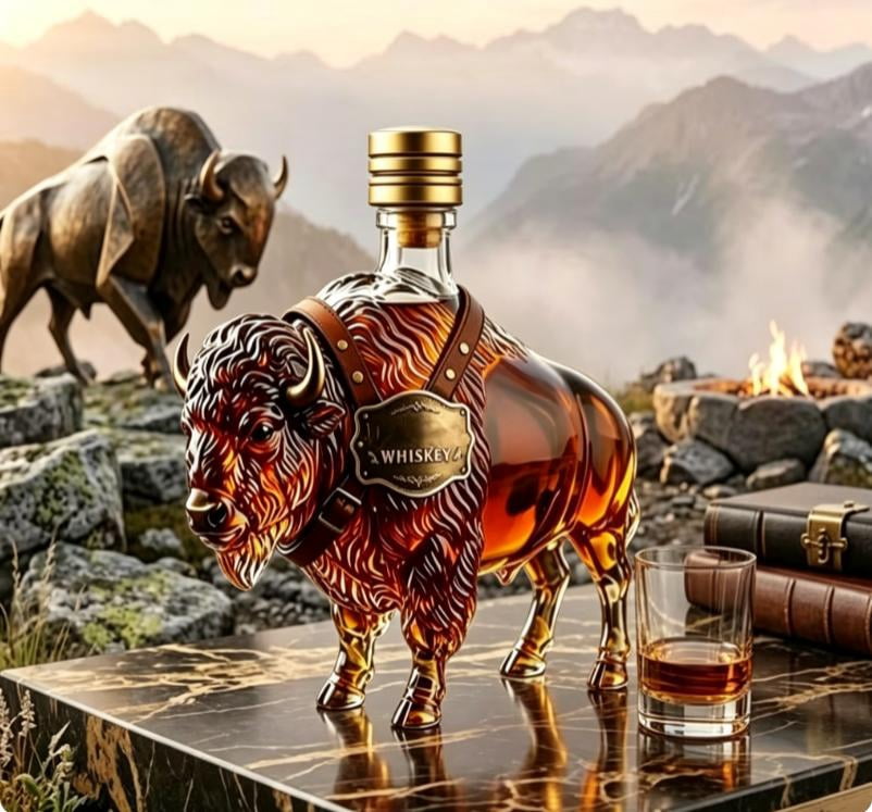 2026 New 3D Rustic Bison Glass Decanter, 10.1oz Liquor Bottle with Leak Proof Cap & Gift Box, Great for Bourbon Home Bar Parties