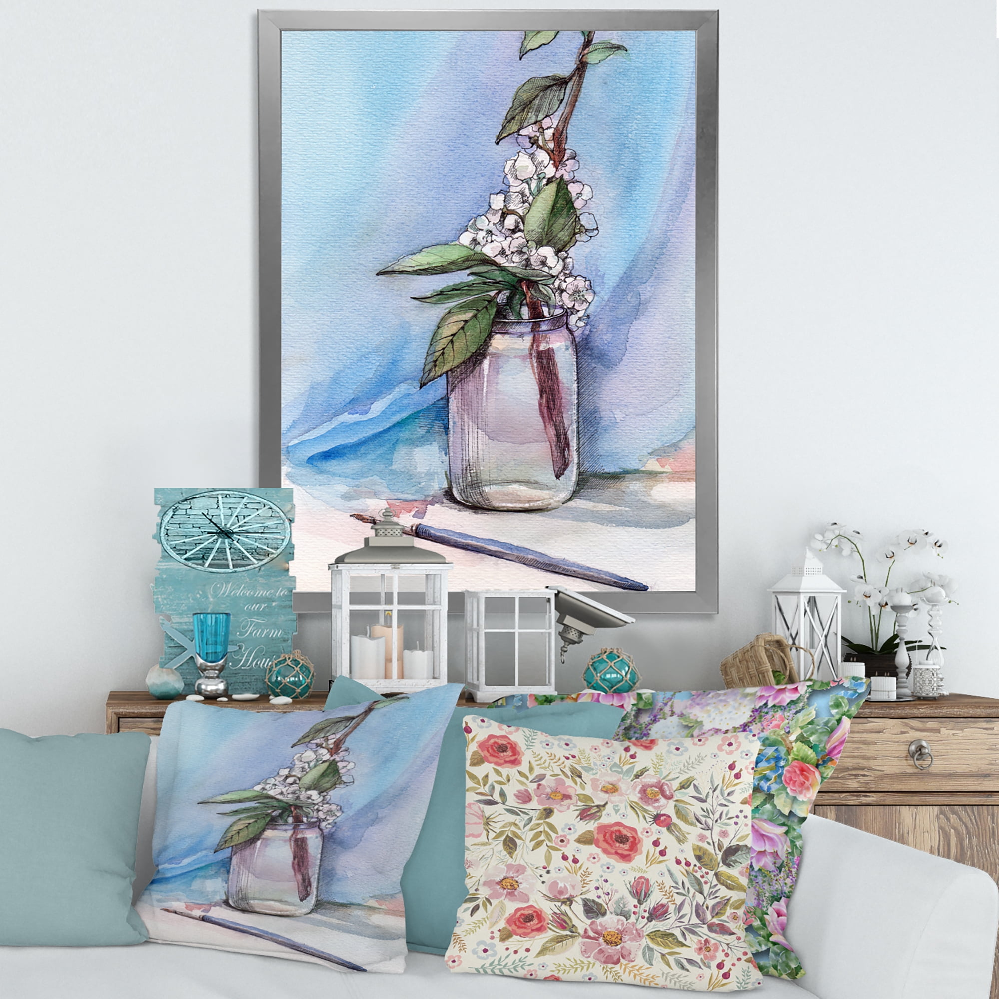Designart 'Cherry Blossom Flowers In Glass Jar' Farmhouse Framed Art Print