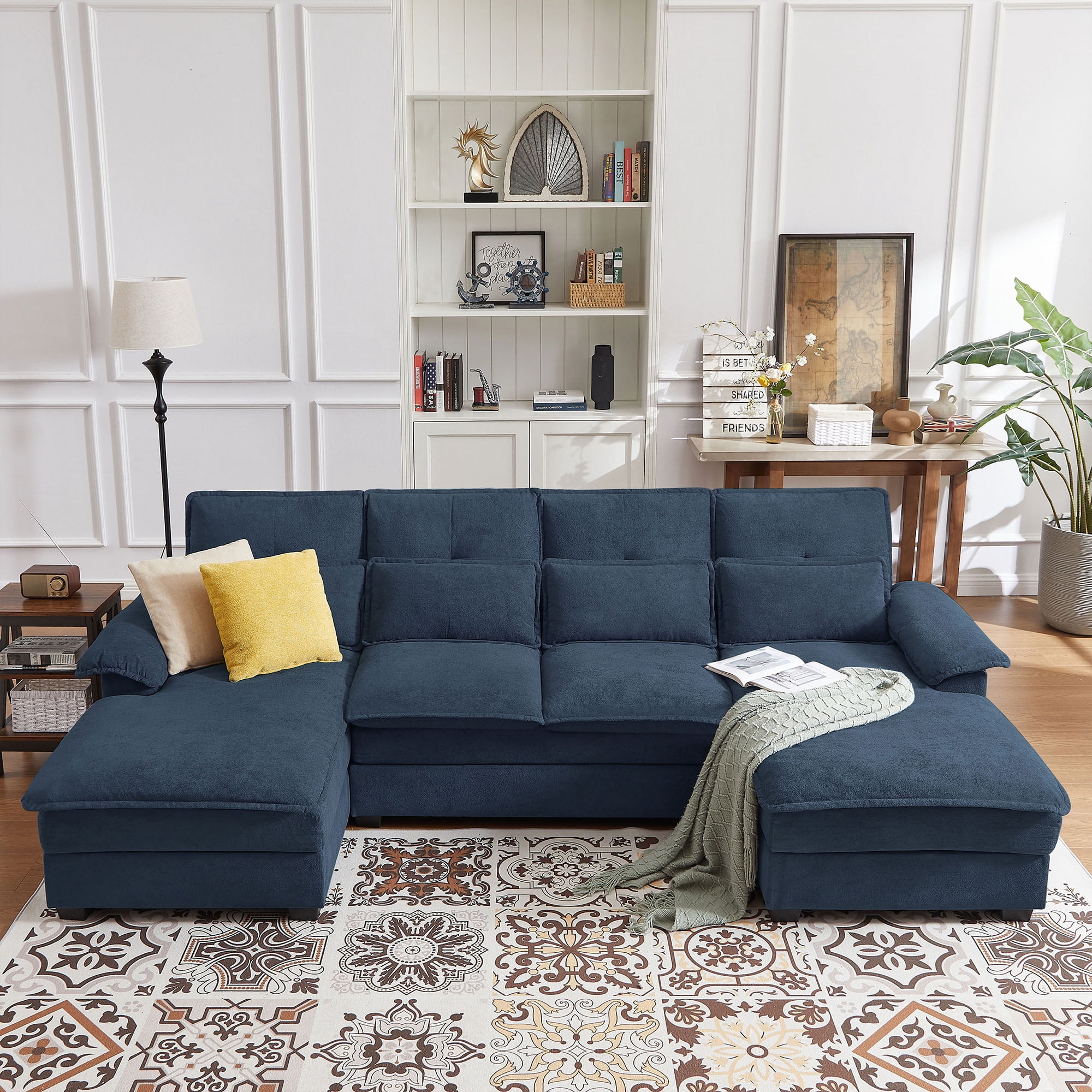 Soscana Sectional Sofa 4 Seat U Shaped Couch with Double Chaise, Modern Linen Sofa with Backrest Pillows for Living Room Apartment Office Studio,Dark Blue