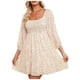 thumbnail image 1 of Vestido boho floral con cuello cuadrado para mujer - Vestido mini evasé con mangas 3/4 fruncidas, informal para primavera/verano, diseño fluido, 1 of 8