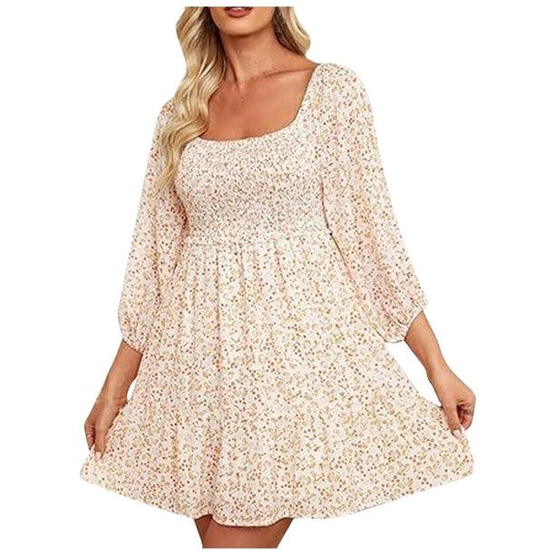 Vestido boho floral con cuello cuadrado para mujer - Vestido mini evasé con mangas 3/4 fruncidas, informal para primavera/verano, diseño fluido