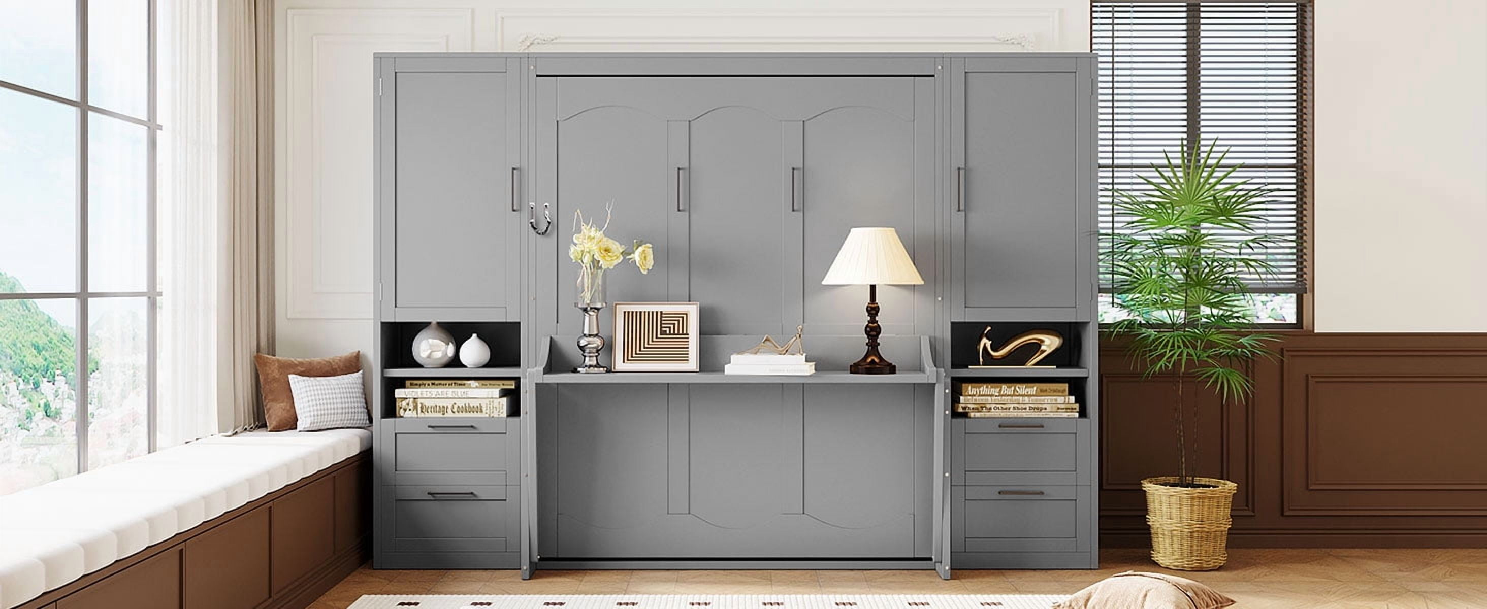 Mintazer Queen Size Murphy Bed with Side Wardrobes & 4 Drawers, Foldable Wall Cabinet Bed with Large Storage & Console Table for Guest Room Home Office Bedroom, Grey