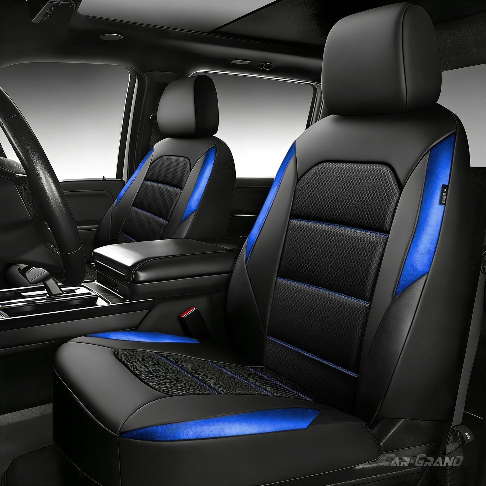 CAR GRAND Memory Foam Car Seat Covers, Leather Mesh Universal Fit Automotive Seat Protectors  Front Pair for Trucks SUV Sedan Metal Film Leather Armrest Airbag Compatible Comfortable  Black Blue