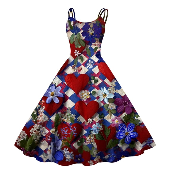 Valentines Day Dresses Sleeveless A-line with Heart Print Casual Fit Party Dresses Deep Red 2XL