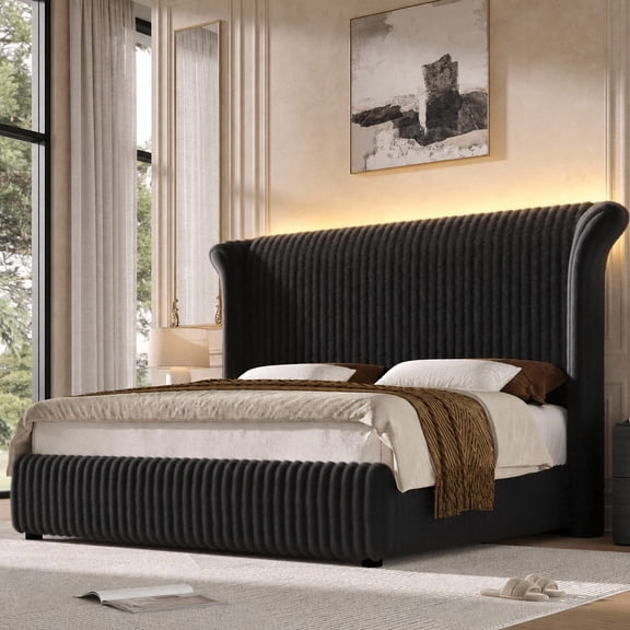 Hiphuta King Size Bed Frame with 55" Tall Headboard, LED Platform Bed with Corduroy Upholstered Wingback, RGB Lights, Sturdy Metal Frame & Noise-Free, No Box Spring Needed, Black