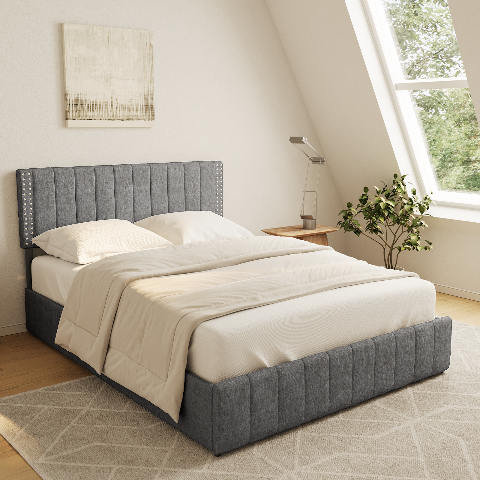 Bed Frame Queen with 4 Storage Drawers for Bedroom, Light Grey - image 5 of 10