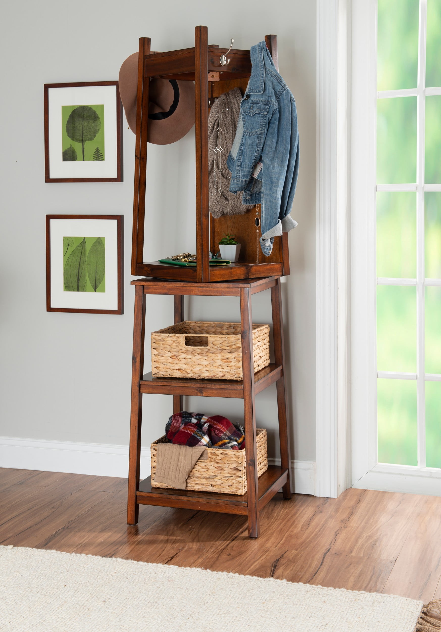 Powell Keswick Farmhouse Rotating Coat Rack with Mirror and Baskets Cherry Walmart