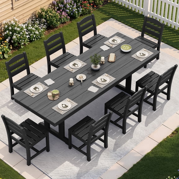 SERWALL 9 Pieces Outdoor Dining Set, Patio Dining Set, HDPE Outdoor Table and Chair with Umbrella Holes, (1 Table   8 Armless Chair)