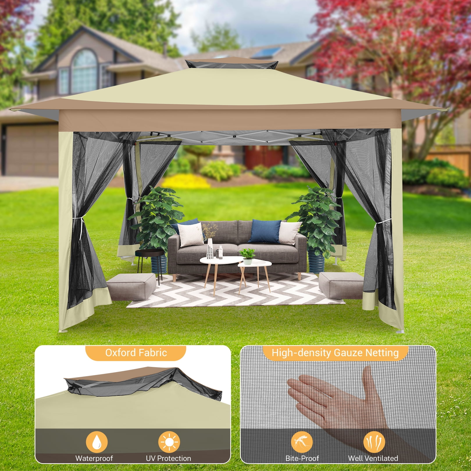 SANOPY 12x12FT Outdoor Pop up Gazebo with Mosquito Netting, Shade and Rain Instant Patio Canopy with 4 Sandbags for Garden Backyard, Light Brown