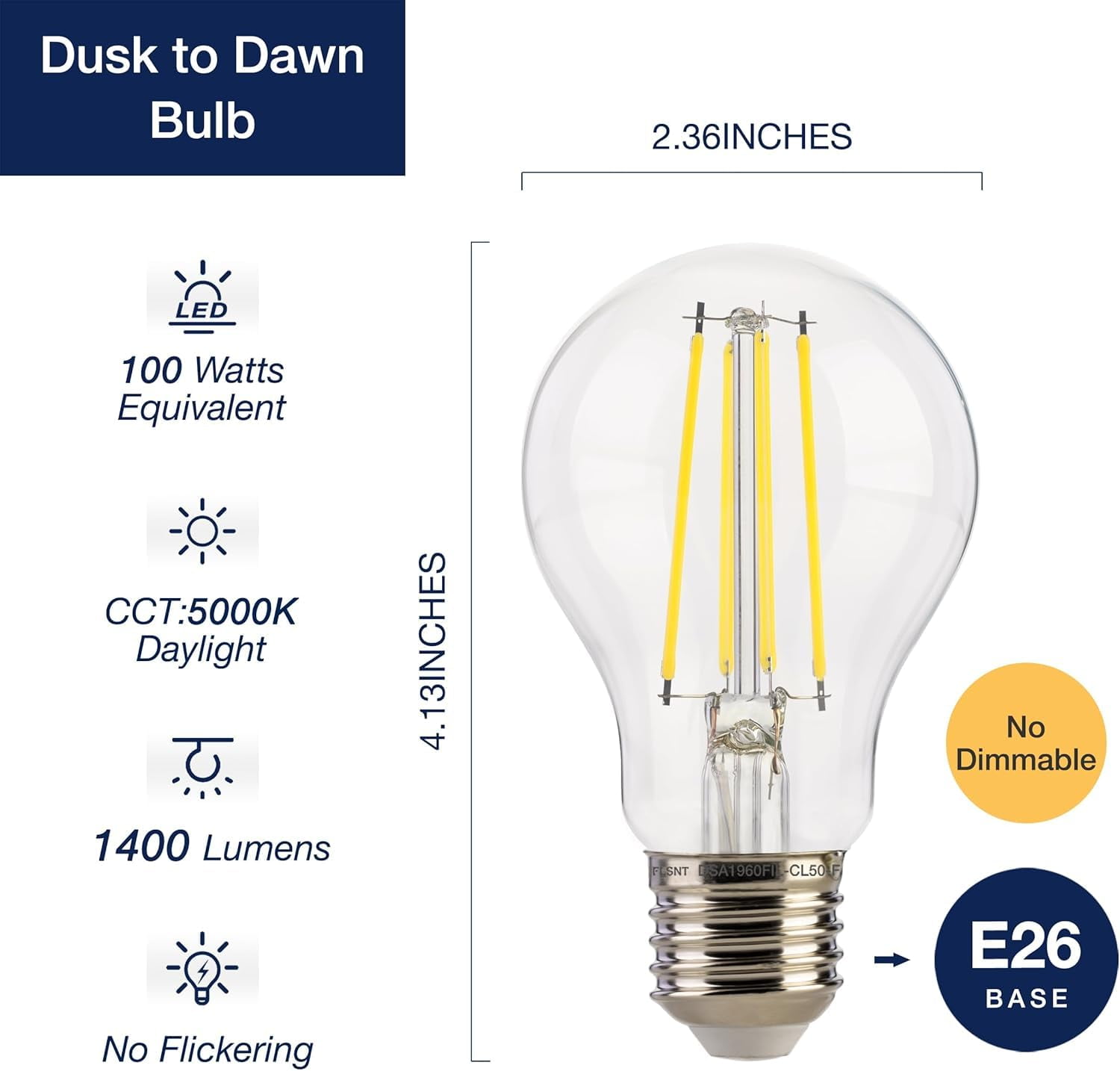 Jaspertronics Dusk to Dawn Outdoor Sensor A19 LED Bulb 5000K Daylight 8W 1400LM Vintage Filament E26 Base Auto On/Off Photocell Auto 4 Unit per pack