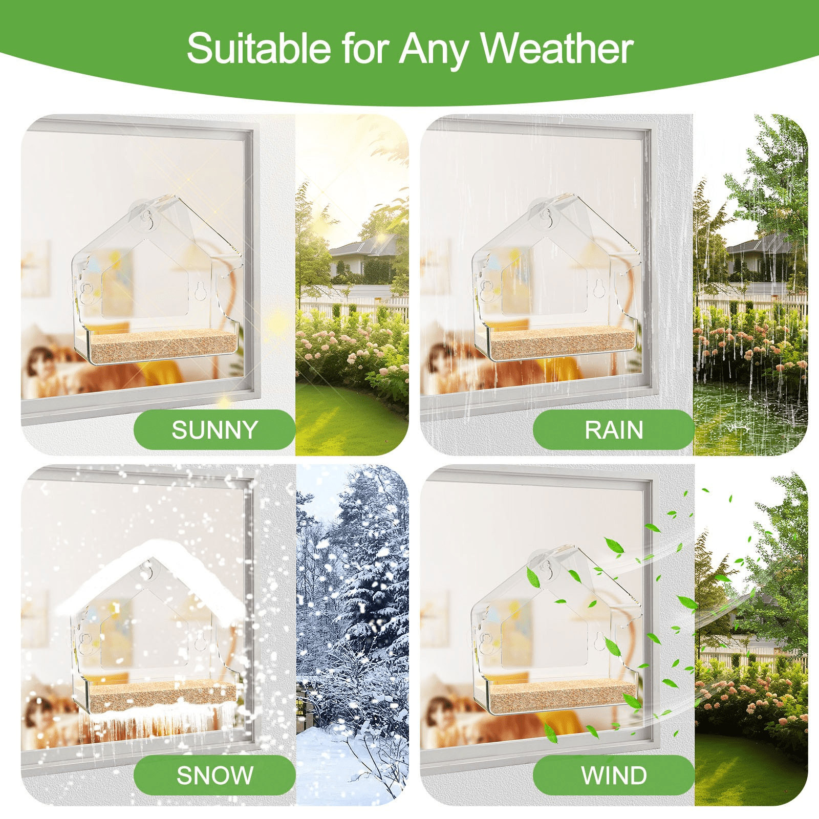 Window Bird Feeder Suction Cup, Transparent Wall Mounted Acrylic Bird Feeder, Easy Tool Free Installation Drainage Holes, Indoor Outdoor Window Bird Watching Observation for Small Birds Family Gift