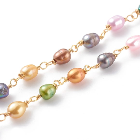 1 Strand 3.28 Feet Dyed Freshwater Pearl Beaded Chains with Copper Wire Freshwater Cultured Pearl Beads for Jewelry Making