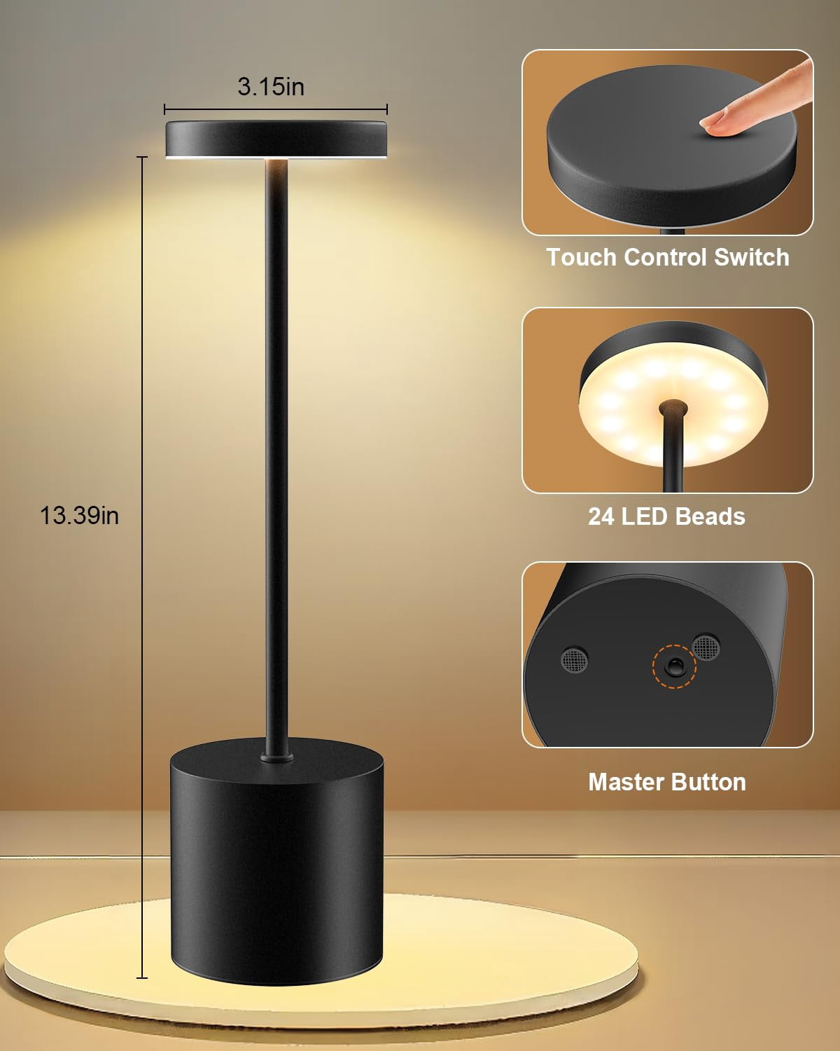 13.3"Rechargeable Cordless Table Lamps, Portable LED Desk Lamp with Touch Controls,3 Color Dimmable Lighting for Dining Patio Outdoor Bedroom Restaurant Bar(Black)