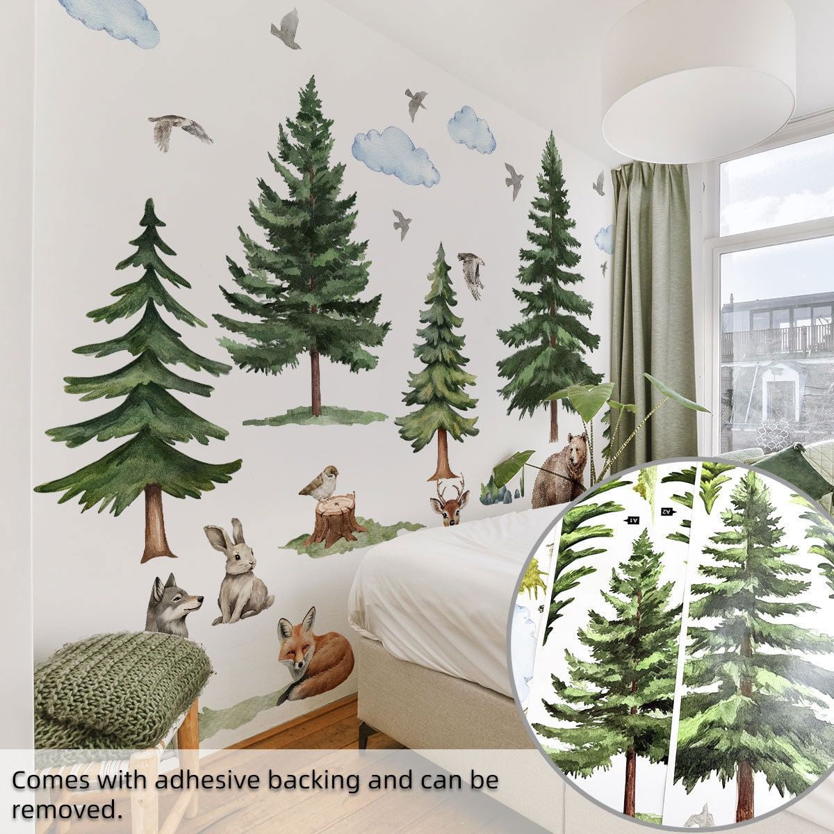 Mountain Tree owl Wall Decals Large Pine Tree Forest Animal Fox Wall Stickers Deer Wolf Wall Stickers DIY Removable Peel and Stick Wall Art Decals for Kids Room Classroom Nursery Bedroom Playroom Hom