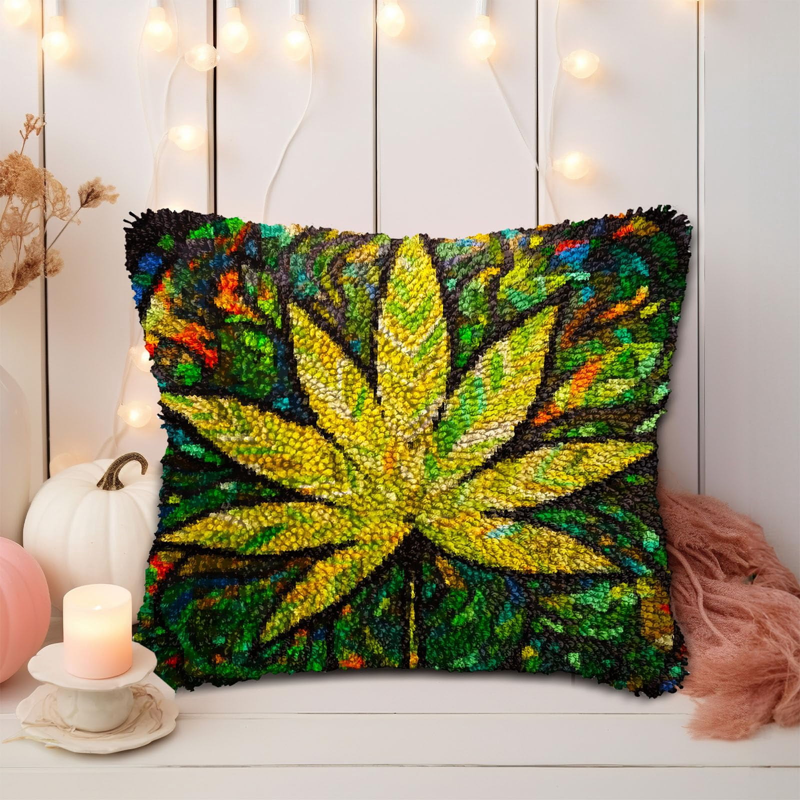 Stained Glass Marijuana Leaf DIY Latch Hook Pillow Kits for Adults Printed Pillowcase Crochet Yarns Hooking Handmade Pillow Cover Cushion for Home Sofa Decoration 17x17inch
