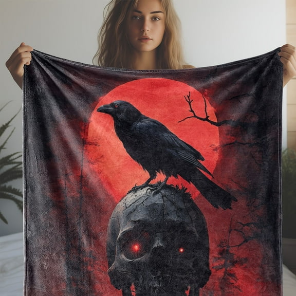 Cozy Flannel Throw Blanket with Skull & Crow Print - Soft, Warm & Versatile for Couch, Bed, Office, and Camping - Perfect All-Season Gift