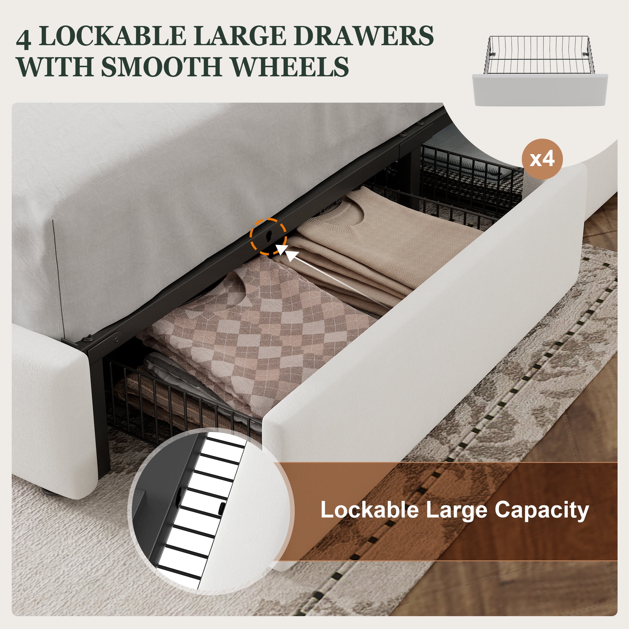 Amolife Full Size Storage Platform Bed Frame with 4 Drawers & Upholstered Velvet Slat Headboard, White