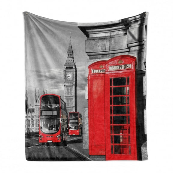 London Soft Flannel Fleece Throw Blanket, London Telephone Booth in the Street Traditional Local Cultural England UK Retro, Cozy Plush for Indoor and Outdoor Use, 60" x 80", Red Grey, by Ambesonne
