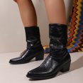 thumbnail image 3 of HEWUQI Women's Mid Calf Boots Leather Pointed Toe Ruched Low Block Heels Comfortable Boho Retro Casual Party Winter Dressy Shoes Black Size 7.5, 3 of 6