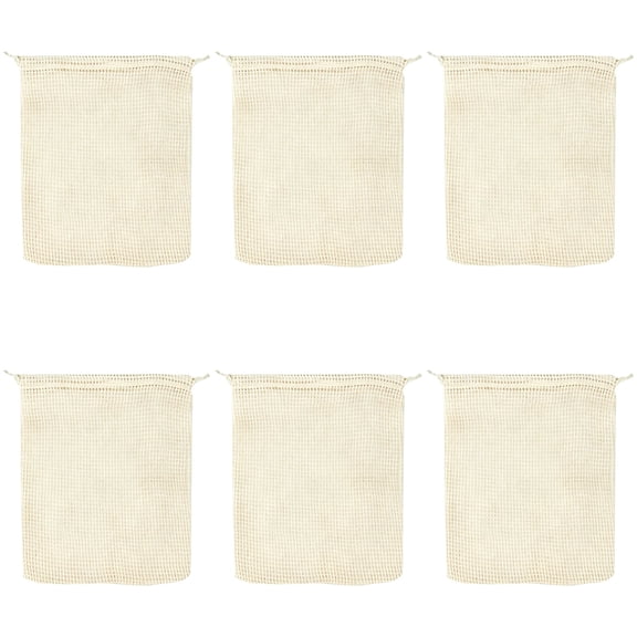 6 Pcs Beige Cotton Mesh Drawstring Bags, 9.8 x 7.9 Inches Biodegradable Reusable Washable Produce Bags, Organic See-Through Net for Storage of Vegetable Fruits, Travel Organization