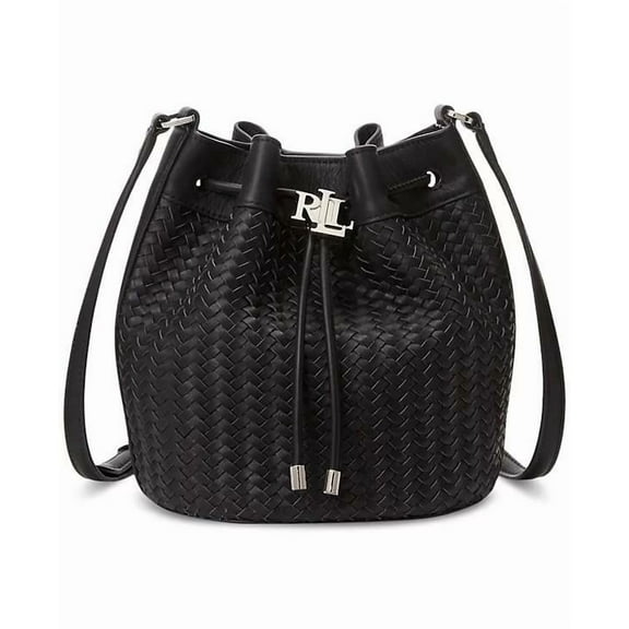 LAUREN Ralph Lauren Andie Woven Leather Small Drawstring Bag Purse Black Rt $425